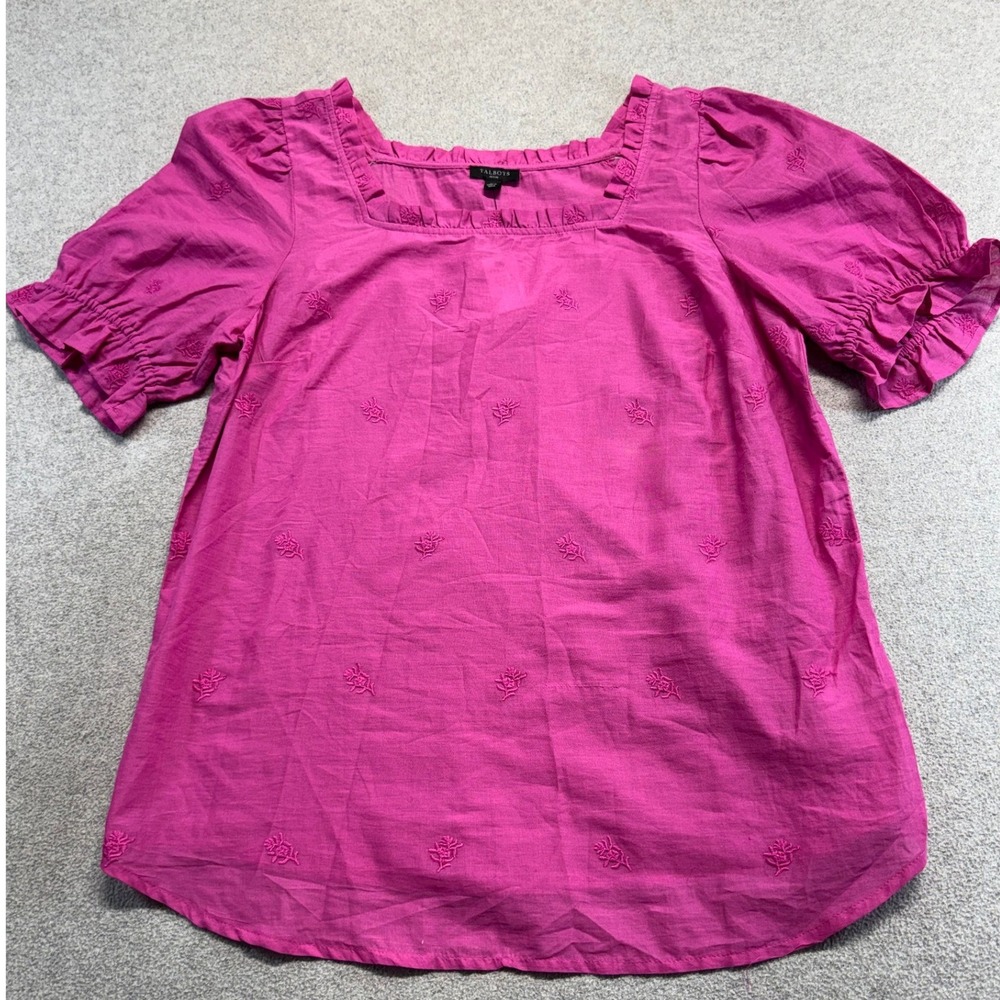 Talbots Petite SP Pink Embroidered Cotton Blouse Puff Sleeve Ruffle NWT Boho